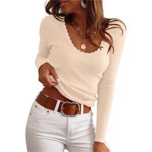Womens Ribbed Fitted Sweater Long Sleeve Shirts Scoop Neck Lightweight